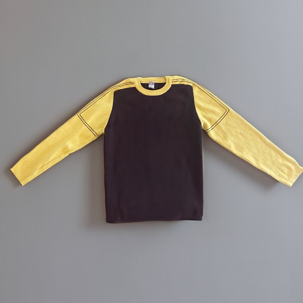 ACE RETRO VINTAGE Brown Knit Crewneck Sweater with Yellow sleeves SIZE Medium